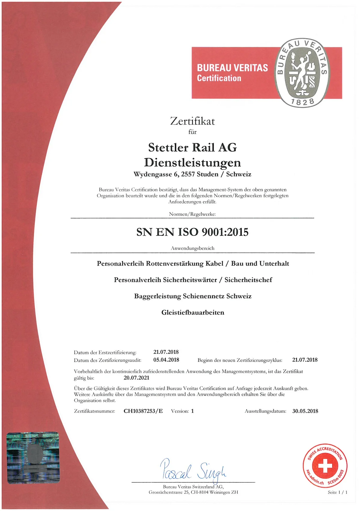 ISO-Zertifizierung Stettler Rail AG
