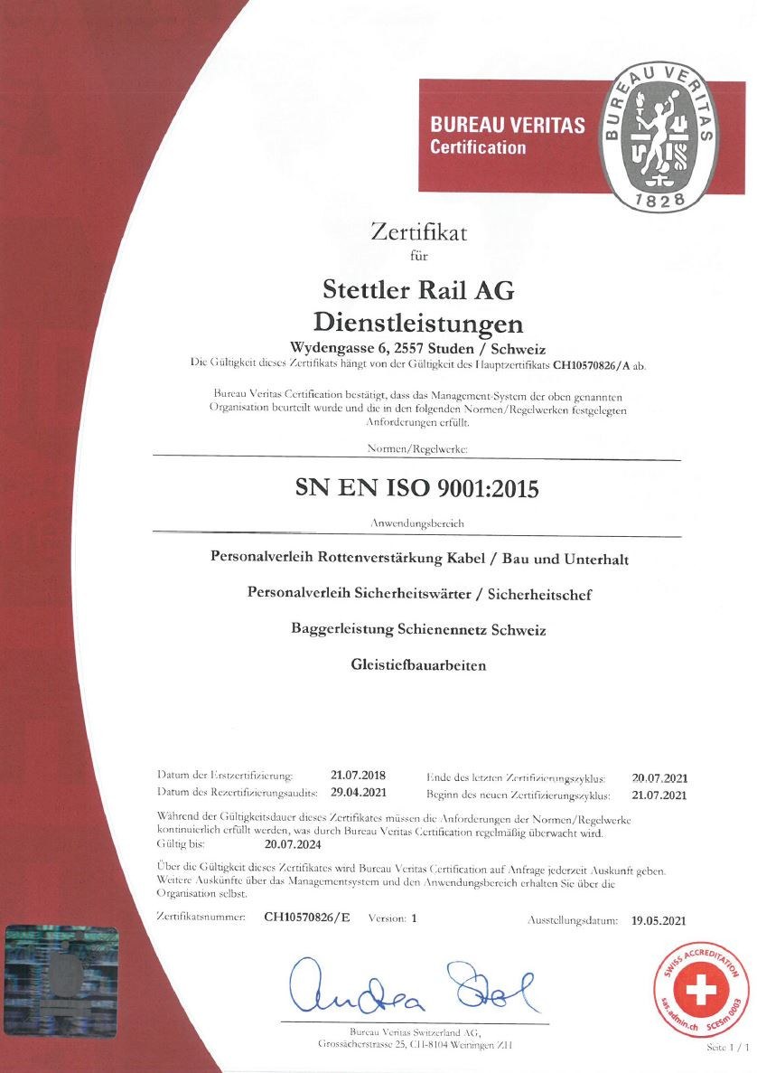 Q-Zertifikat Stettler Rail 2021